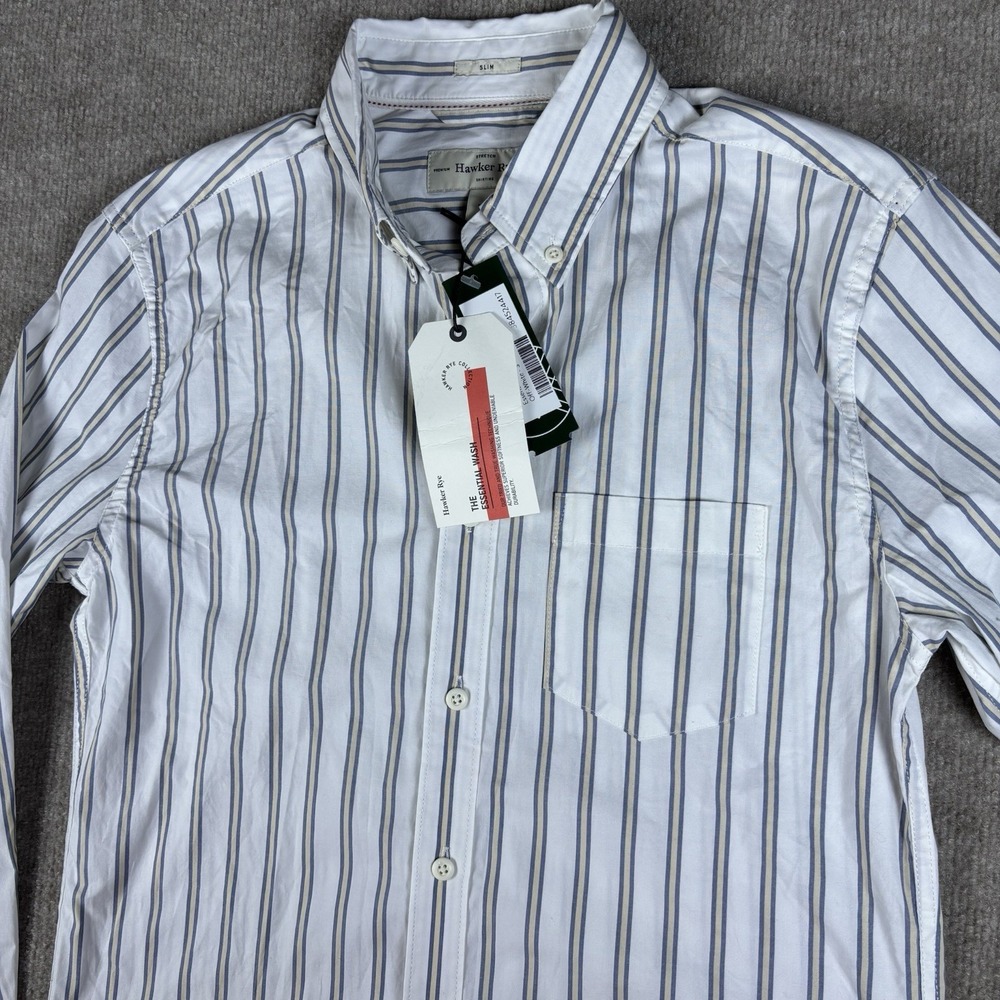 Hawker Rye Essential Wash Stretch Shirt Men's S Slim Blue Stripe Button Front